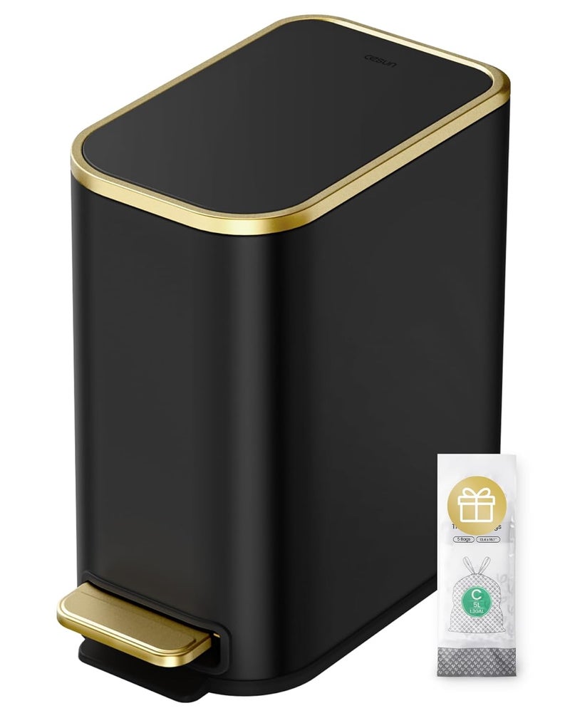 Cesun Small Bathroom Trash Can with Lid Soft Close, 5 Liter/1.3 Gallon Stainless Steel Garbage Can with Removable Inner Bucket, Step Pedal, Slim Waste Basket for Toilet, Office, Bedroom (Black&Gold) - Image 1